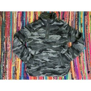 Cozy Sherpa Womens Black Gray Camo Pullover Jacket Pockets 1/2 Zipper Sz M